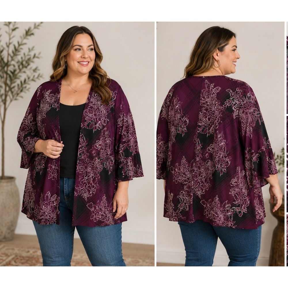 Purple Floral Open Cardigan Women 22/24 Texture Bell Sleeve Boho Romantic Office